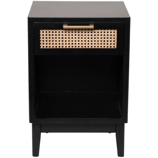 Wood Accent Table with Cane Front Drawer & Gold Handle